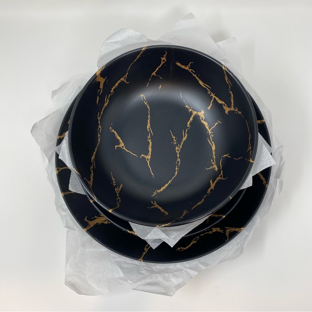 Matte Black and Gold Marble Effect Melamine Dish Set